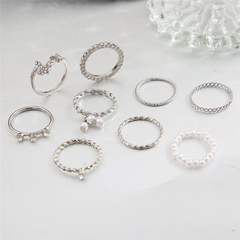 7 Pcs Set Wanita Fashion Bohemia Berongga Kupu-Kupu Cincin Wanita Vintage Elegan Kristal Mutiara Adjustable Terbuka Jari Cincin Gadis Halus Halus Tipis Cincin Populer Perhiasan Aksesoris