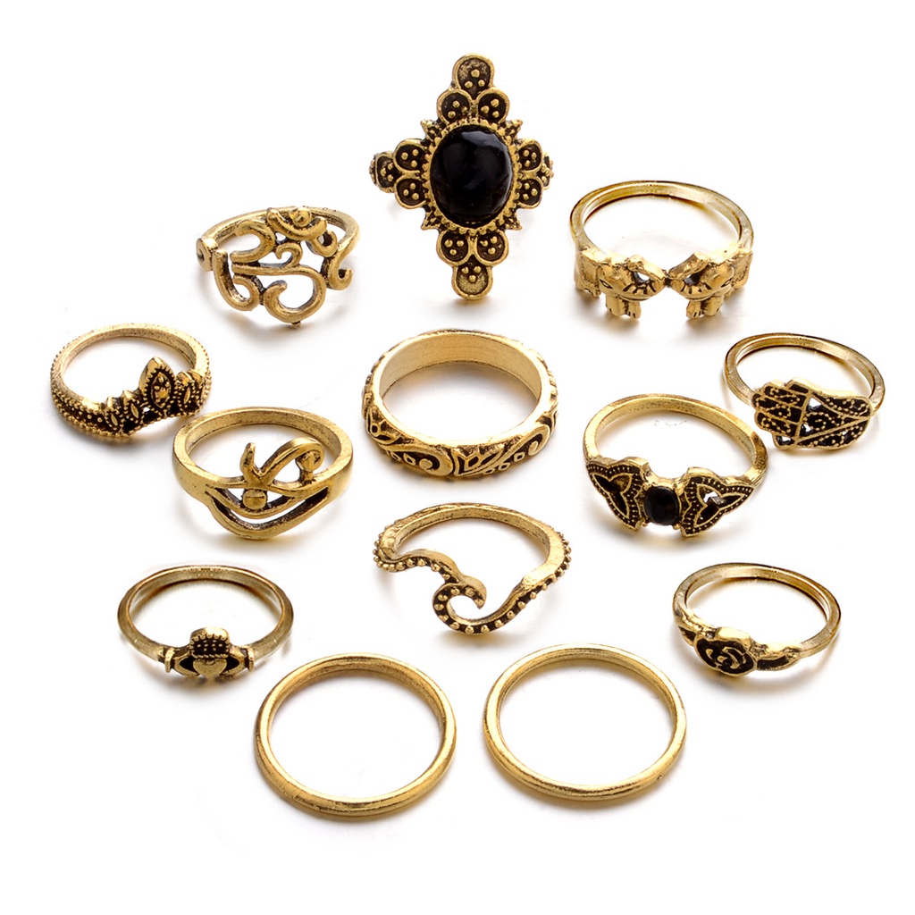 Set Cincin Sendi Permata Hitam Gajah Ukir Tangan Vintage Elegan 13pcs