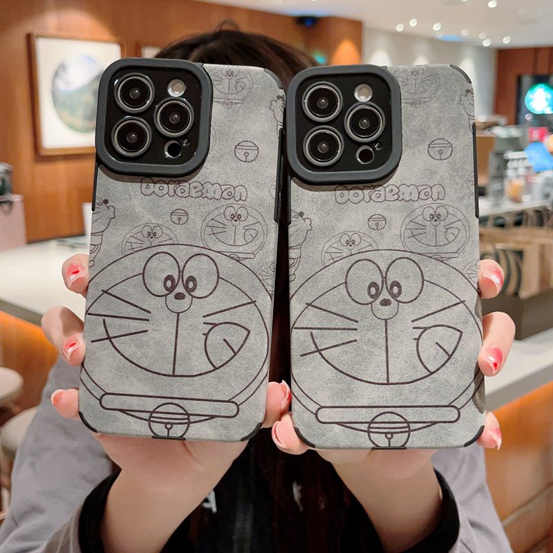 Smile Gray Leather Soft Case for IPhone 7 Plus 8 Plus X XS XR XS Max 11 13 12 14 PRO Max 14 Plus SE 2020 2022 Cute Disney Gray Grey Cute Doraemon Cat