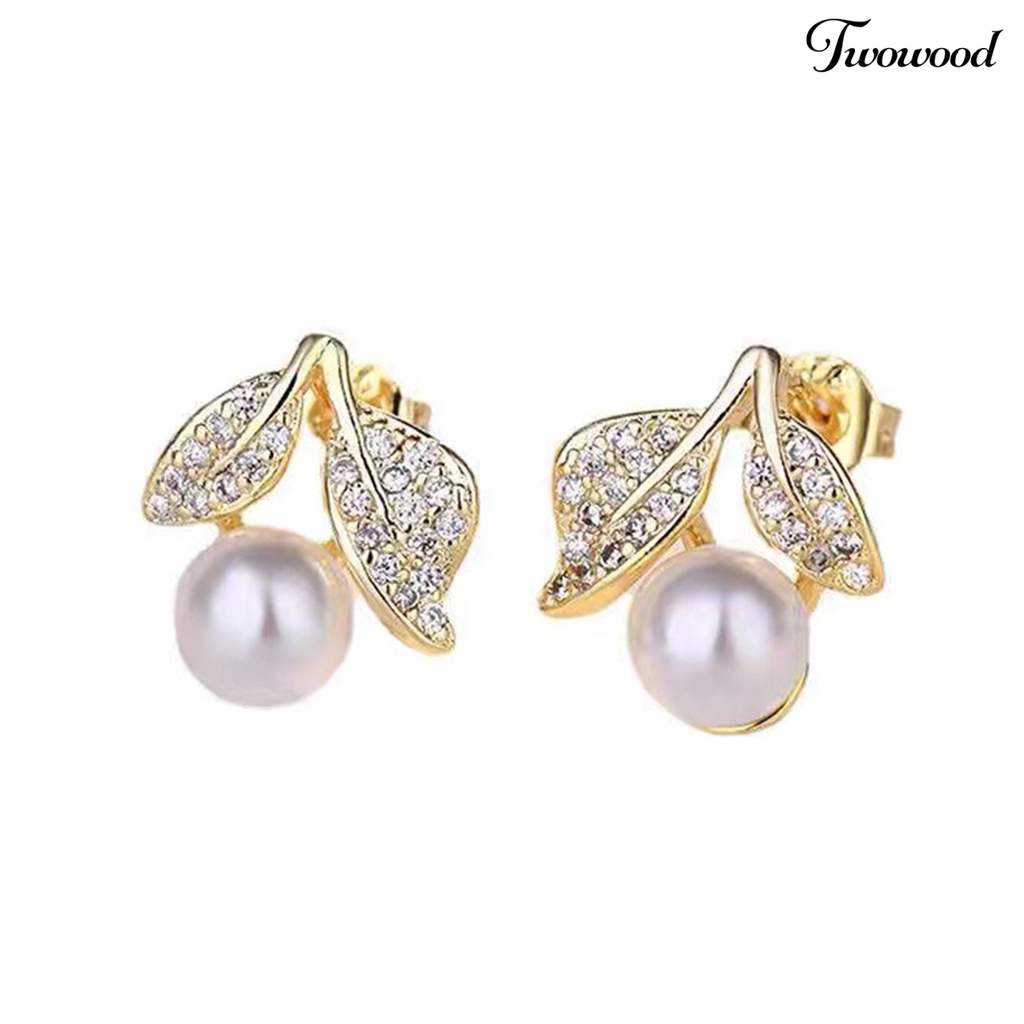 Twowood 1pasang Ear Studs Dainty Elegan Bling Berlian Imitasi Golden High Gloss Faux Pearl Leaves Women Earrings Perhiasan Aksesoris