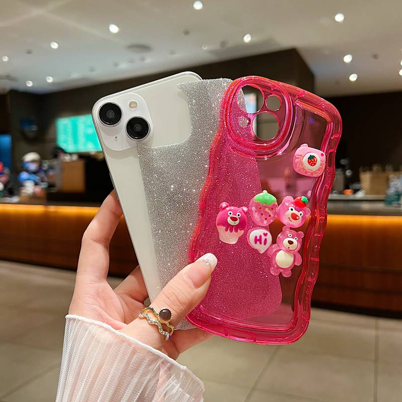 【Wave Doll】Cute LOTSO Soft Case iPhone X XR XS Max 11 12 13 14 Pro Max Strawberry Bear Cartoon Clear Phone Case Camera Protect Pink