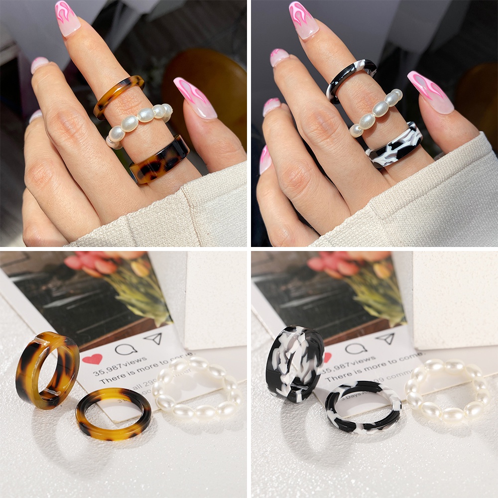 AY(CN) 3pcs/set Korean Fashion Leopard Print Resin Pearl Ring Set Brown Black Rings Women Jewelry Accessories