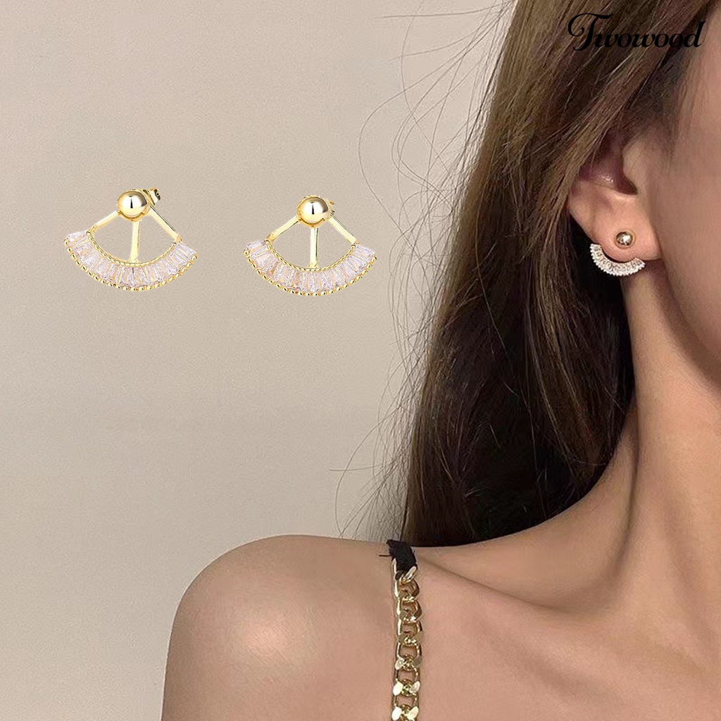 Twowood 1pasang Anting Tusuk Bergigi Dua Cara Memakai Berlian Imitasi Berbentuk Kipas Elegan Dekorasi Aksesori Manik Bulat Wanita Ear Studs Untuk Pacaran