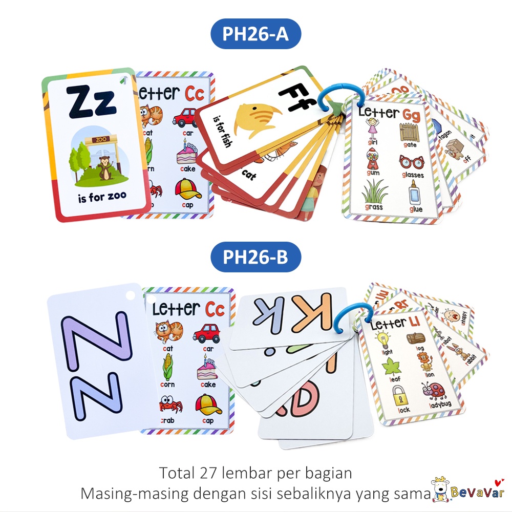 BEVAVAR Mainan Flash Card Anak Huruf Abc/Flash Card Edukasi Anak Anti air 27PCS