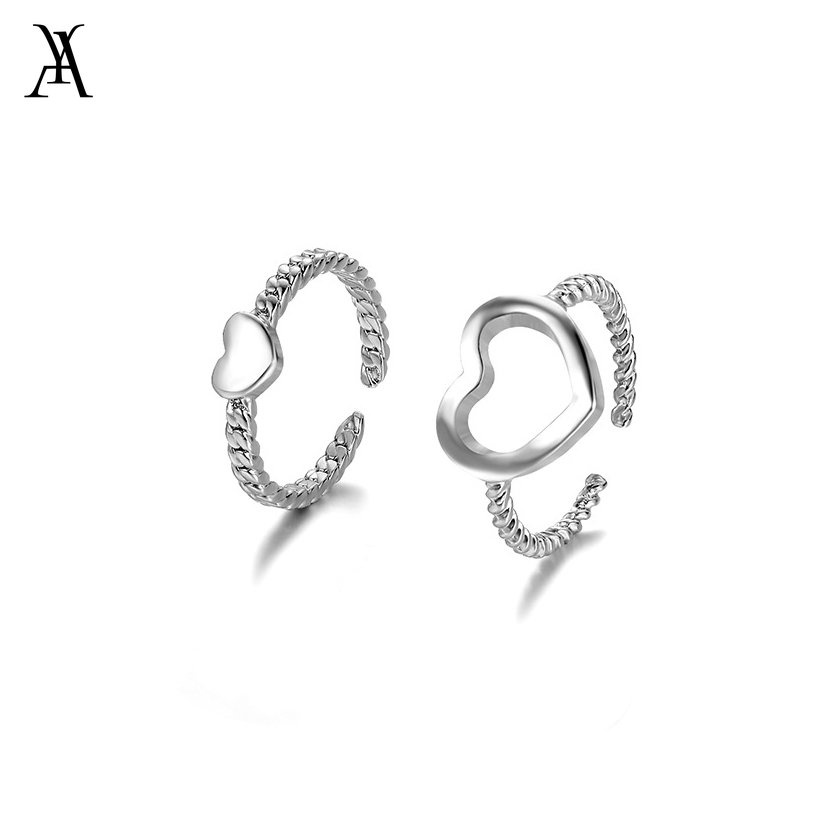 AY(CN) 2pcs / set Cincin Model Terbuka Adjustable Desain Hati Warna Silver Gaya Korea Untuk Wanita