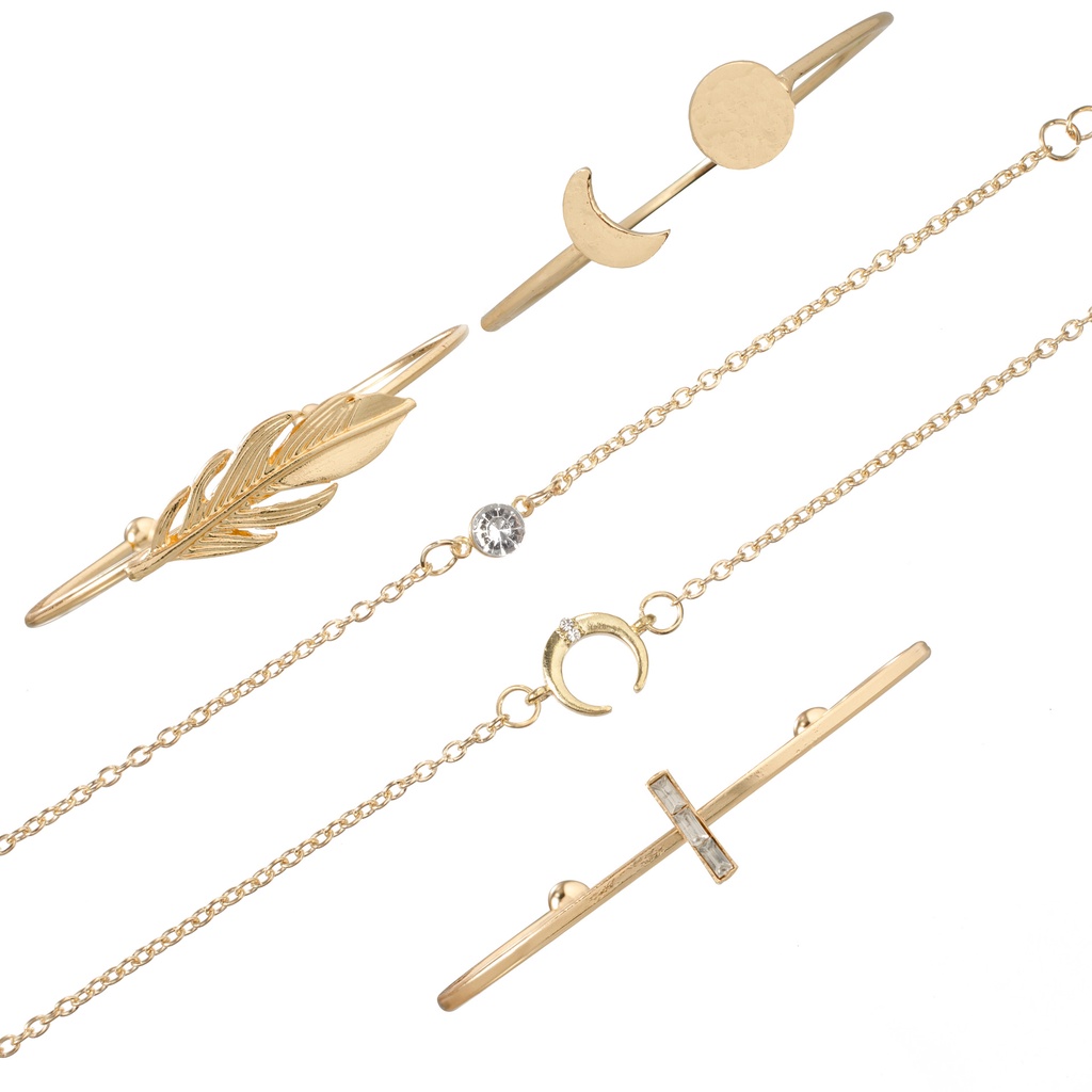 Desain Pribadi Mode Gaya Sederhana Bulu Matahari Dan Bulan Terbuka Gelang Gaya Eropa Dan Amerika Hias Berlian Geometri 5-piece Bracelet