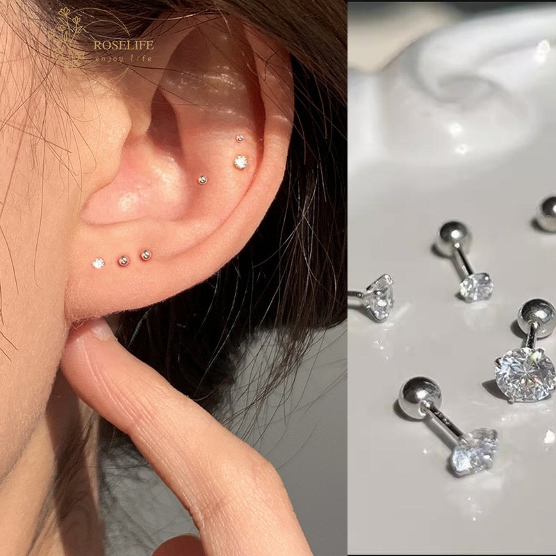 Roselife Unisex 1PC Anti Alergi S925 Silver Bola Zirkon Double-head Stud Earring Untuk Wanita Pria Chic Kristal Tindik Tulang Rawan Anting-Anting Pick Gratis Perhiasan Telinga