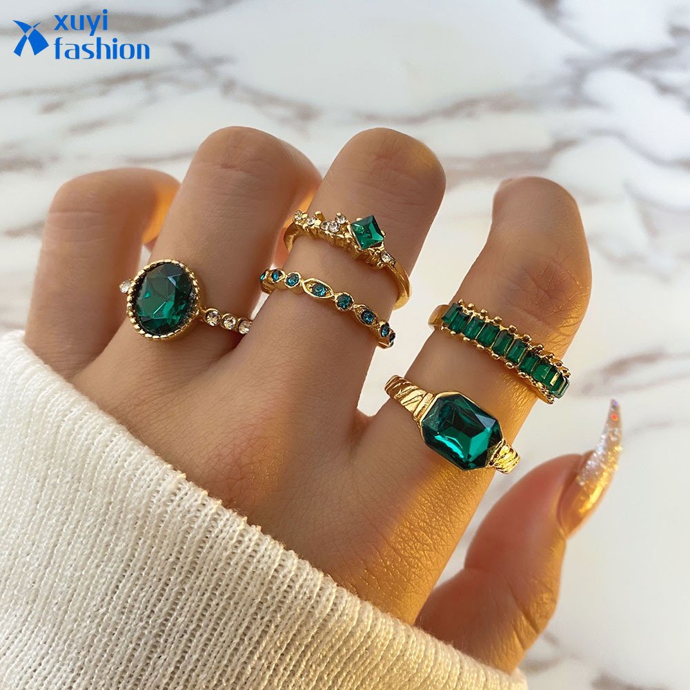 5pcs/set Retro Yunani Permata Cincin Set Emas Kristal Cincin Untuk Wanita Perhiasan Aksesoris