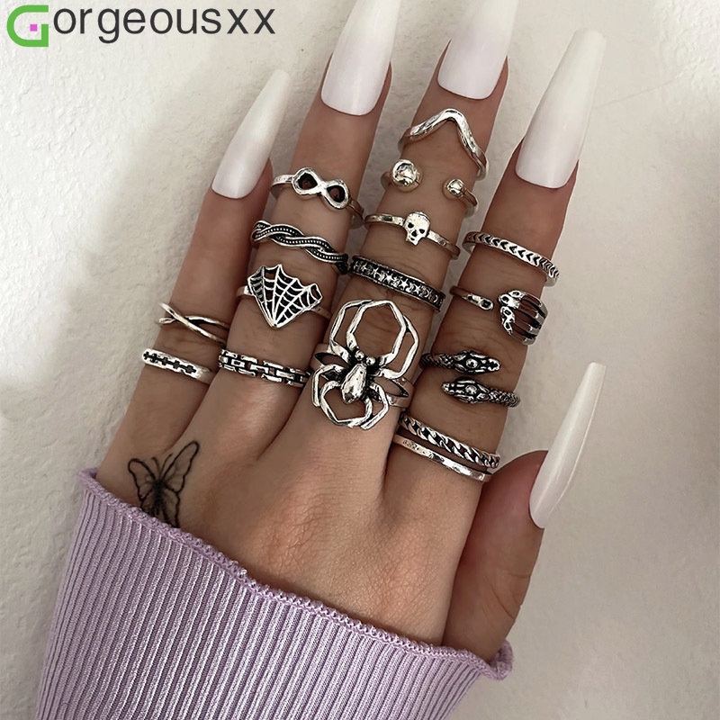 15pcs/set Punk Rock Stylish Spider Snake Rings Set Untuk Wanita Tak Terbatas8 Hantu Tidak Teratur Geometri Bersama Cincin Perhiasan