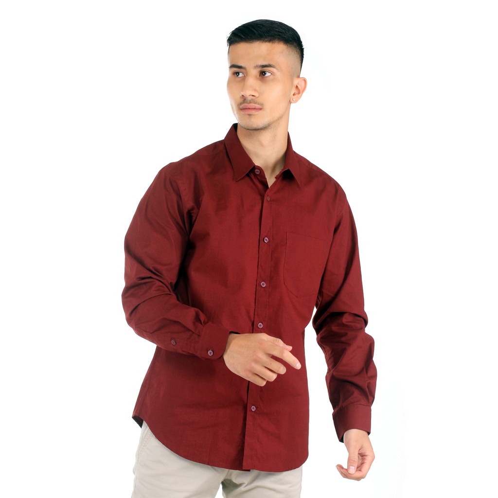 Kemeja Pria Basic Polos Lengan Panjang Katun Poplin Maroon