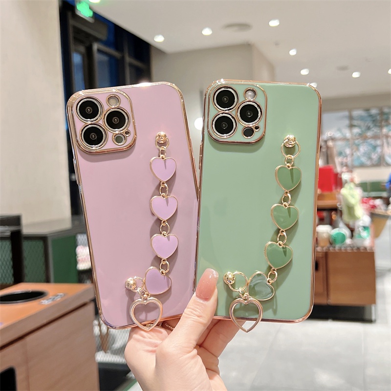 IPHONE Luxury Plating Love Heart Plating Gelang Rantai Phone Case Untuk Iphone11 12 13 14 Pro Max X XR XS Love Heart Frame On7 8 Plus Strap Cover