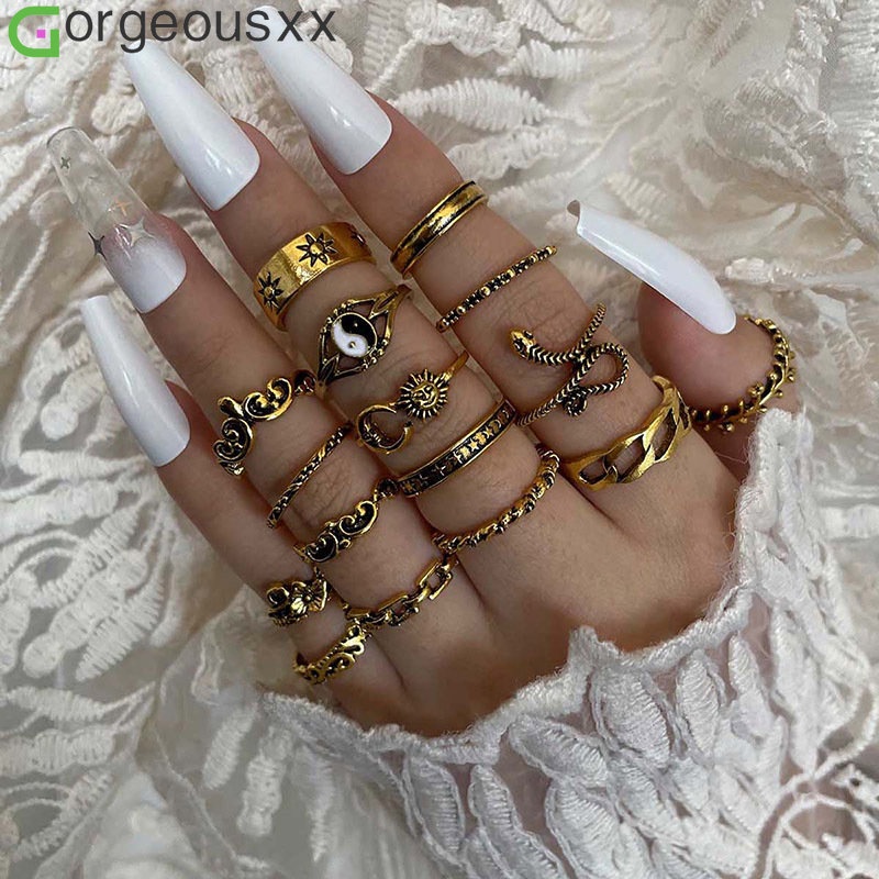 16pcs/set Retro Matahari Bulan Bunga Cincin Set Untuk Wanita Taichi Yinyang The Eight Diagrams Snake Ring Party Jewelry