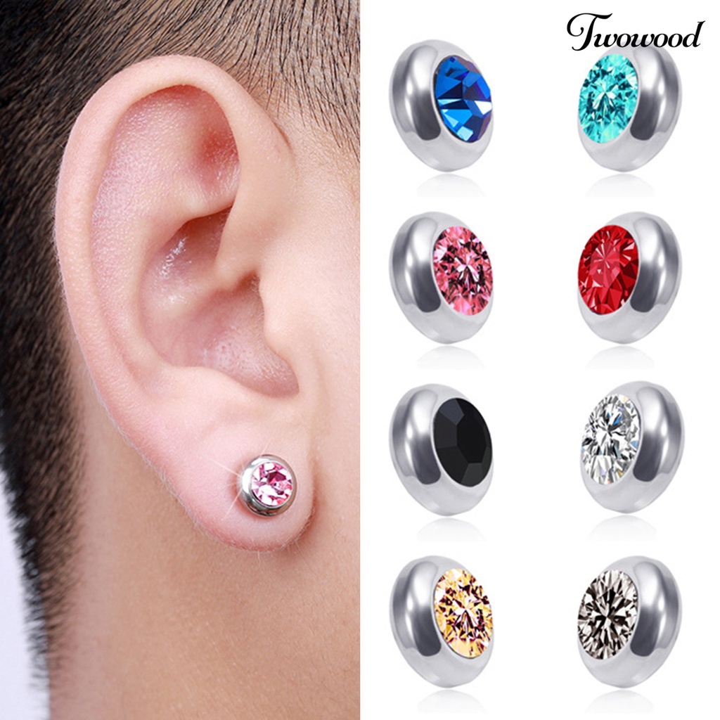 Twowood 1pasang Ear Studs Non-Piercing ic Stainless Steel Bulat Berwarna Berlian Imitasi Tertanam Pria Wanita Anting-Anting Perhiasan Fashion