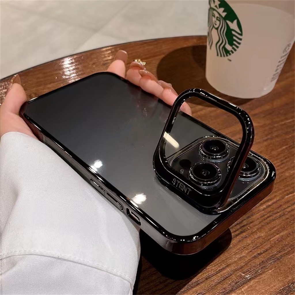 Metal Kamera Perlindungan Lensa Stand Case iPhone 14 Pro Max Case iPhone 13 12 Pro Max 2-in-1 Jernih Kreatif Tertutup Penuh Perlindungan Shockproof Hard Back Cover