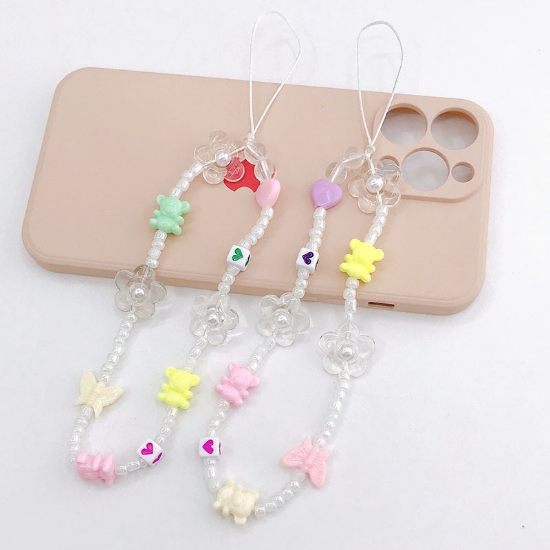 Beruang Akrilik 3D Dan Kupu-Kupu Dengan Bunga Transparan Manik-Manik Mutiara Tidak Teratur Anti-Hilang Rantai DIY Untuk iPhone Android OPPO VIVO Huawei Xiaomi Redmi Samsung Semua Ponsel Earphone Case