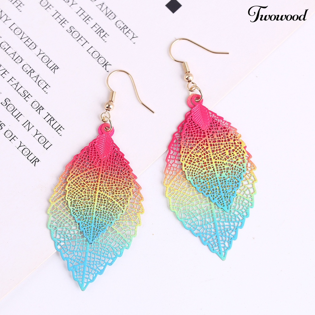 Twowood 1pasang Menjuntai Anting Vintage Boho Panjang Fringe Berongga Keluar Warna-Warni Hias Hadiah Ulang Tahun Wanita Double Layer Daun Liontin Kait Anting Perhiasan Aksesoris