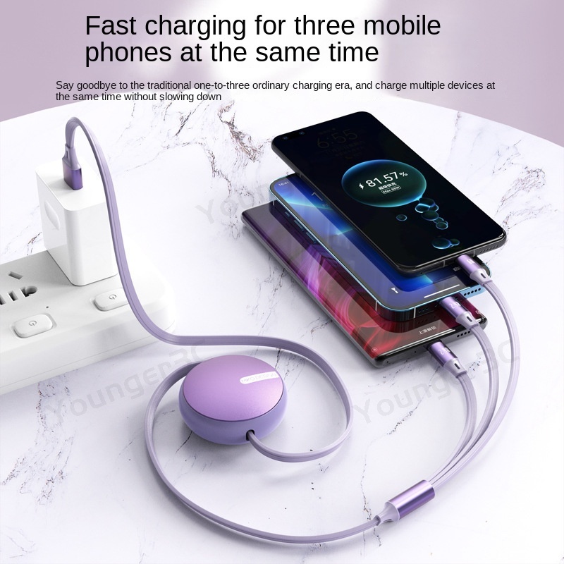 3in1 100W Kabel Pengisian Super Cepat 6A Shell Logam Expandable Charging Data Line 1.2M USB Data Wire Untuk iOS Tipe C Android