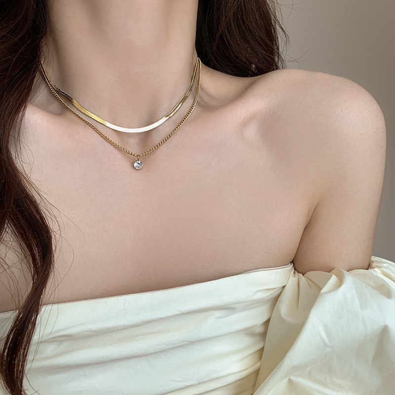 Roselife Chic Emas Susun Rantai Ular Berlapis Ganda Kalung Untuk Wanita Gadis Fashion Kristal Pesona Chunky Logam Kalung Perhiasan Aksesoris