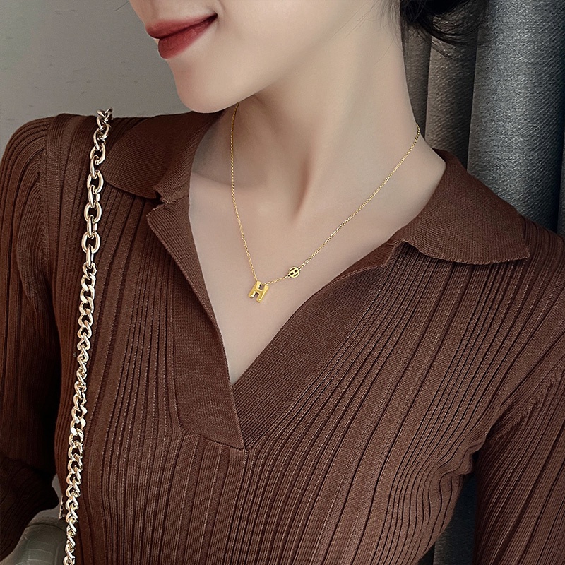 Kalung Titanium Wanita Anti Karat Tidak Luntur Emas 18K Huruf Ganda H