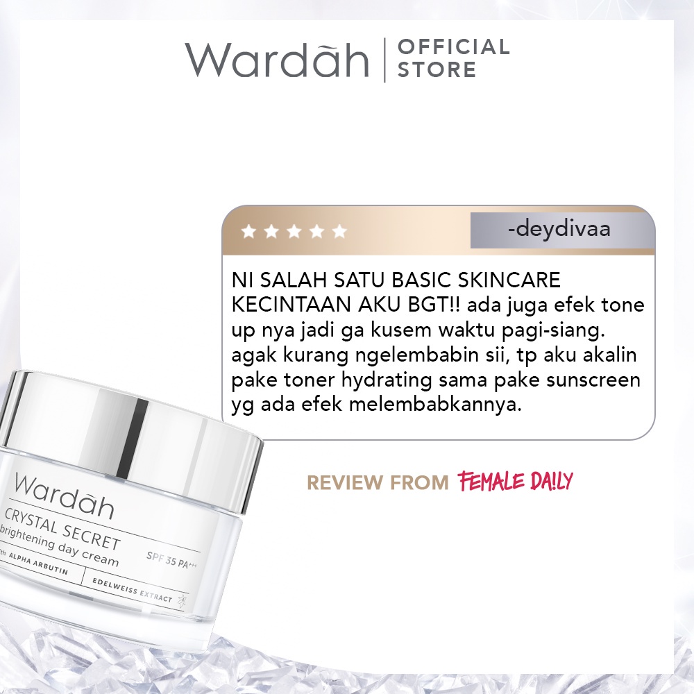 WARDAH Crystal Secret Brightening Day Cream Indonesia / Pelembab Wajah 9ml 15ml 30g / SPF 35 PA+++ / With Alpha Arbutin Edelweiss Extract / Moisturizes And Protects Skin From UVA/UVB Crystal Bright Skin / Skincare Face Care Series / Pagi Malam Night Krim