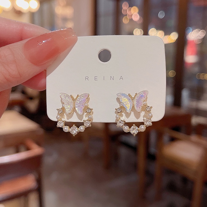 Super Cute925 Perak Jarum Gradien Kupu-Kupu Anting Perempuan ins Fashion Mutiara Telinga Studs