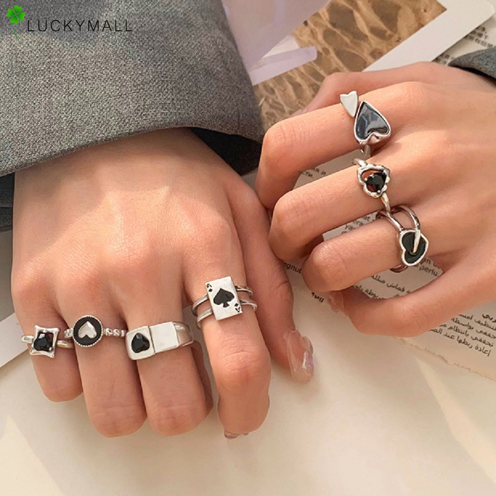 7pcs/set Fashion Heart Rings Set Korean Silver Y2K Finger Ring Jewelry Accessories