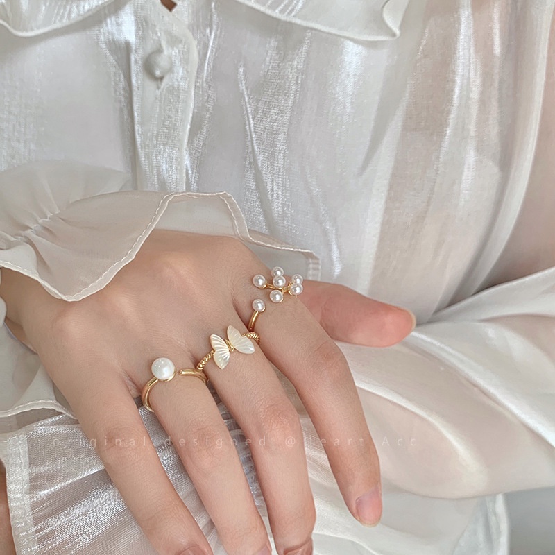 YEEZII Gold Open Rings for Women Camellia Butterfly Pearl Finger Ring Elegant Accessories Jewelry