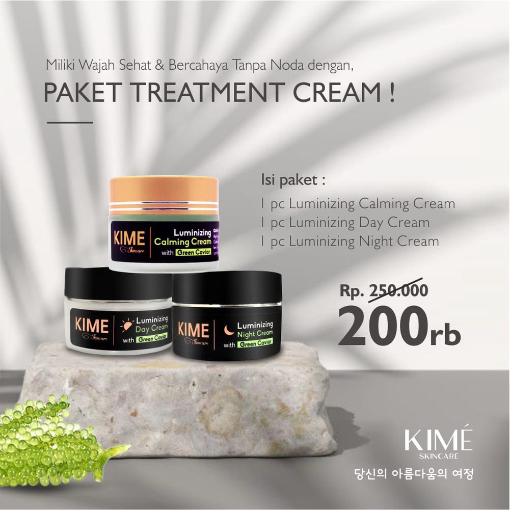 Paket 3 tiga Krim Kime Skincare Treatment Cream Luminizing Malam Siang Calming