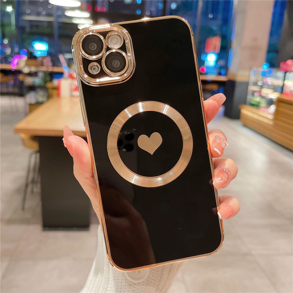 IPHONE Luxury Plating Love Heart Untuk Mag Magnetic Wireless Charge Case Untuk Iphone11 12 13 14 Pro Max XR X XS 7 8Plus SE Soft Cover