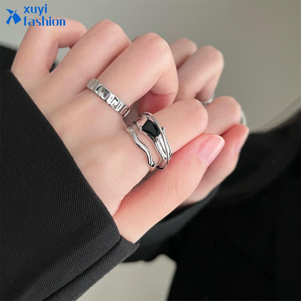 2pcs/set Cincin Permata Persegi Hitam Tidak Teratur Set Cincin Terbuka Perak Tiga Lapis Untuk Aksesoris Perhiasan Wanita