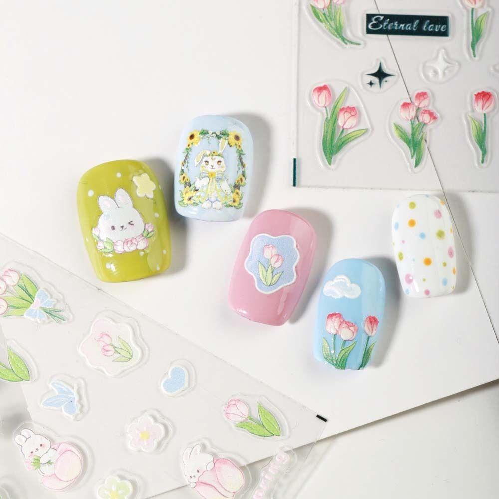 AUGUSTINA Agustinina Kartun Stiker Kuku Wanita Fashion Love Hati Hewan Melody Tulip Hiasan Kuku