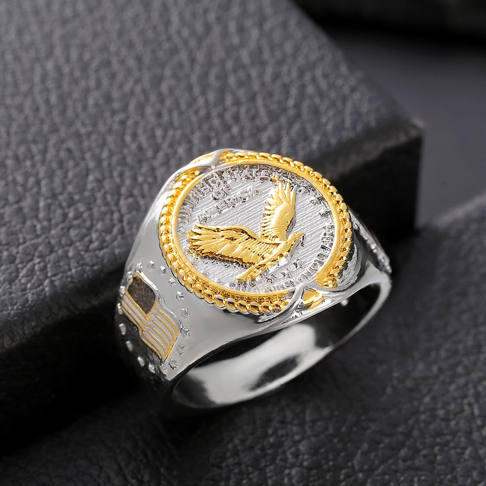 AMERICAN EAGLE Goldkingdom Fashion Perhiasan Aksesoris Ready Stock, Baru S925 Berlapis Perak Elang Cincin Elang Amerika Melambangkan Hip Hop Viking Elang Dua Warna Emas Asli Kadar 375 Kuning 18 K