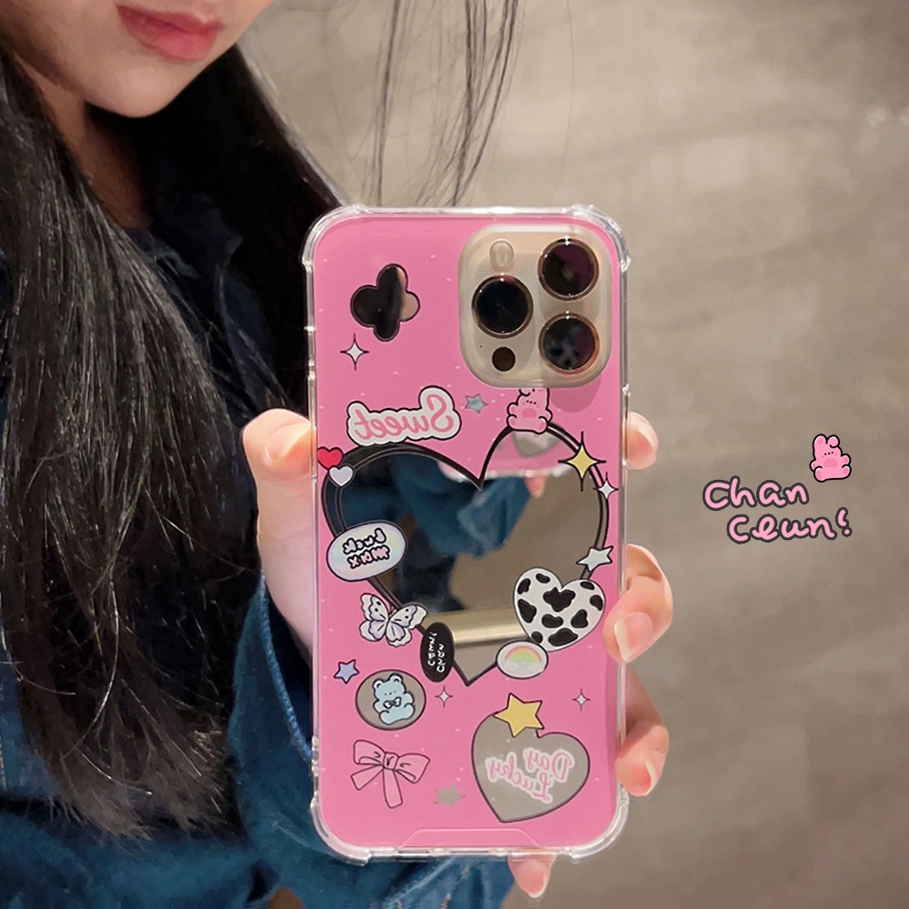 Cute Pink Love Bear Kartun Make Up Cermin Silikon Case Untuk Iphone SE 2020 7 /8 Plus 14x XR XM 11 12 MINI 13 PRO MAX Casing Cover Pelindung AT0077