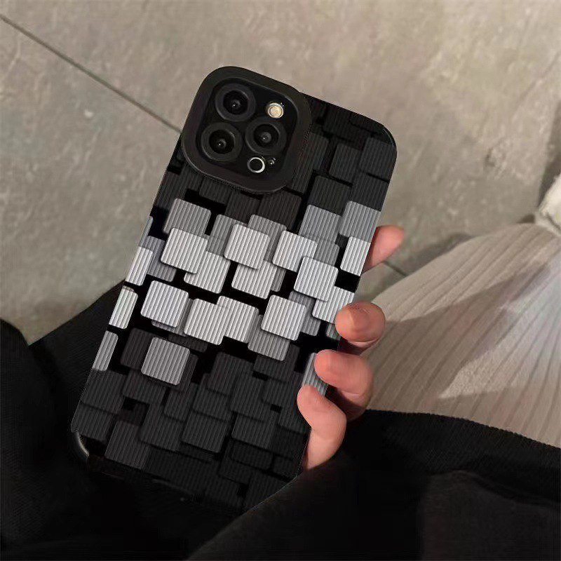 IPHONE [Kulit Domba] Soft Case Grid Hitam Dan Putih Stereoskopik Untuk Iphone7Plus8 Plus X XS XR XS Max 11 13 12 14 PRO Max 14 Plus Fashion Wanita Casing Ponsel Kamera Melindungi