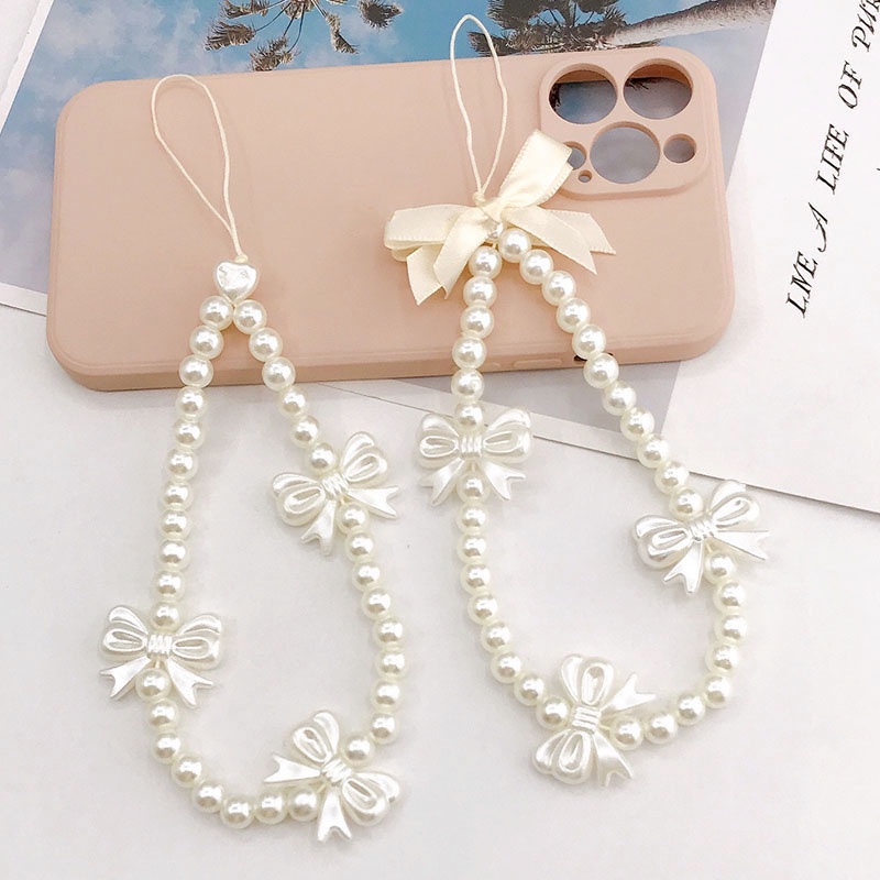 3d Pearlescent Bow Handmade Pearl Beads Chain Universal DIY Tali Anti-Hilang Untuk iPhone Android OPPO VIVO Huawei Xiaomi Redmi Samsung Semua Ponsel Earphone Cases