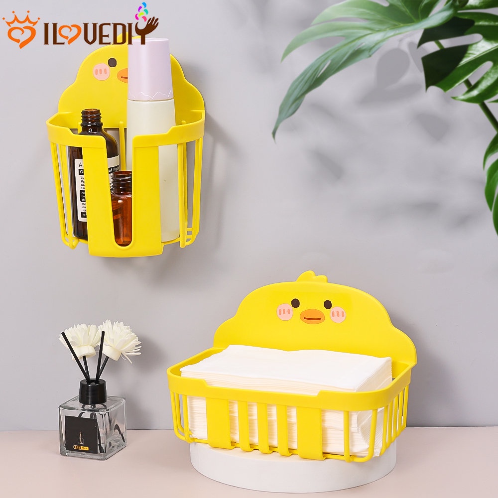 Desain Hollow Drain Storage Rack Little Yellow Duck Keranjang Tissue Dinding Kotak Handuk Wajah Kosmetik Perlengkapan Mandi Benda Tempat Simpan Untuk Kamar Mandi Dapur Kamar Tidur
