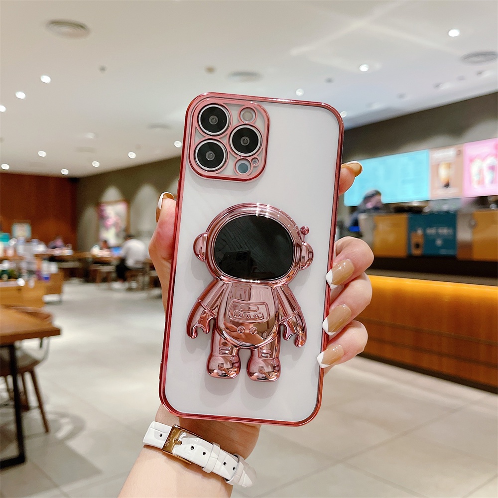 Luxury Astronot Bracket Plating Pinl Case Untuk IPhone 14 Pro Max13 12 11 Xs Max X Xr 87 14 PLus SE Kartun Stand Transparan Phone Case