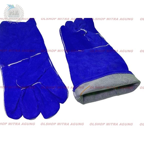 OLS Sarung Tangan Kulit Las Biru 16 Inch Leather Welding Gloves Max Blue MA