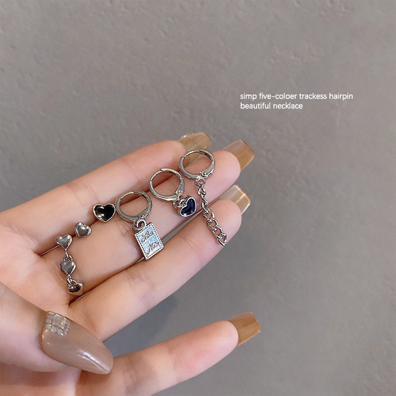 6pcs/set Warna Silver Rantai Rumbai Logam Cinta Hati Anting Tidak Teratur Geometris Cherry Hoop Earrings Untuk Wanita Hadiah Perhiasan