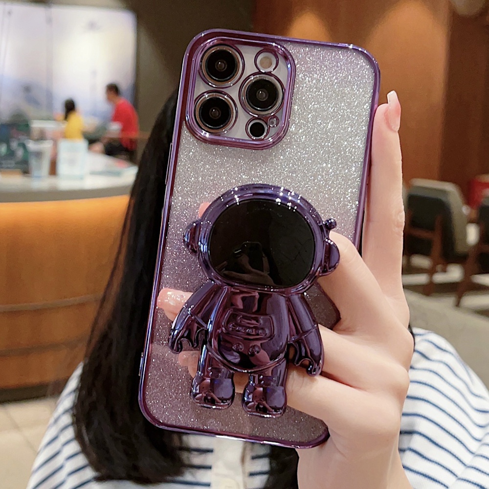 Pink Bling Plating Bracket Stand Astronot Case Untuk IPhone 14 Pro Max13 12 11 X Xr Xs 8 7Plus SE 2 Gradiasi Glitter Case Cover