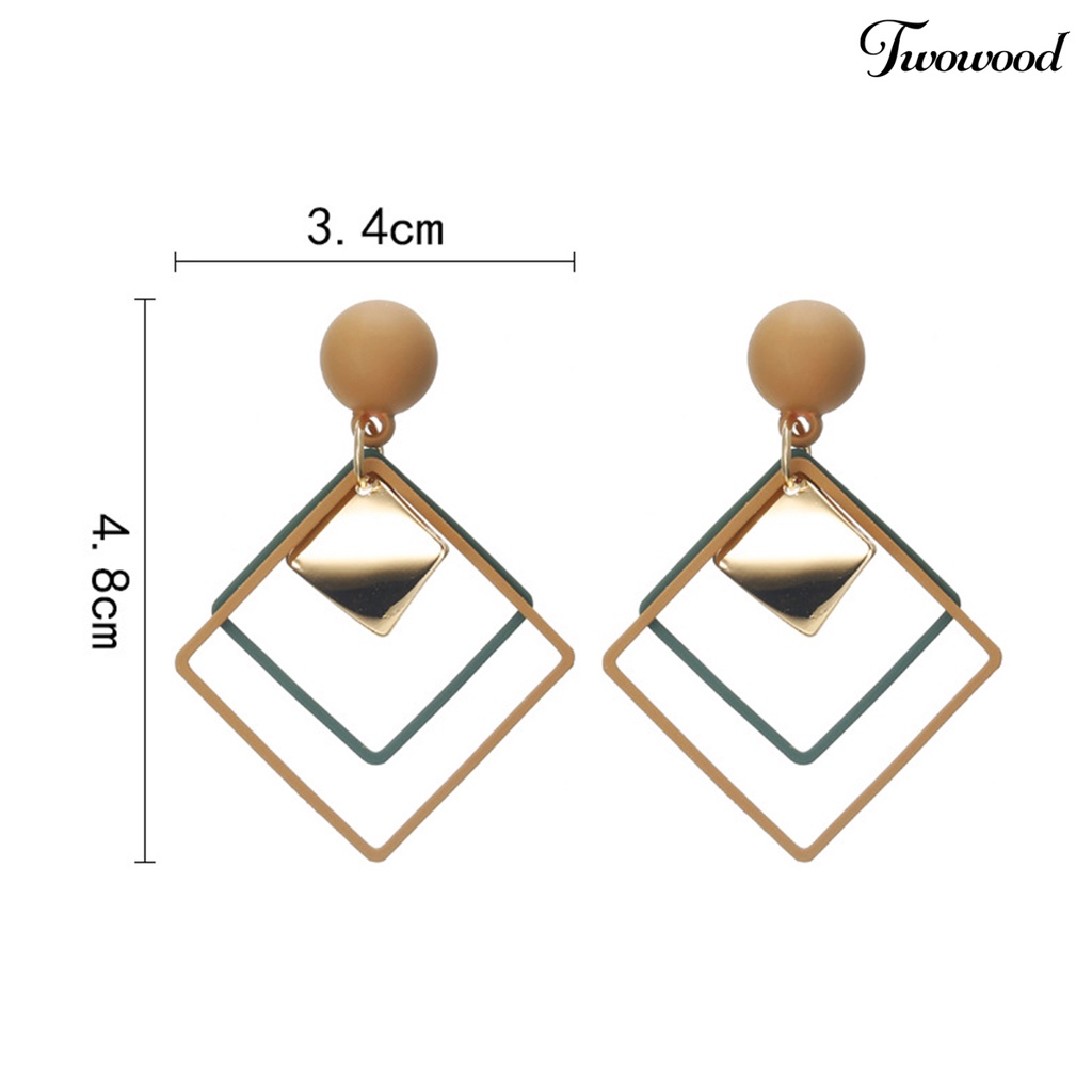 Twowood 1pasang Menjuntai Anting Geometris Matte Kepribadian Minimalis Berongga Double Belah Ketupat Wanita Stud Earrings Fashion Jewelry