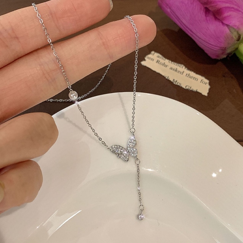 Papaozhu Elegan Berkilau Zirkon Kupu-Kupu Rumbai Mutiara Liontin Kalung Untuk Wanita Gadis Bergaya Bersinar Kristal Kalung Chic Perhiasan Leher