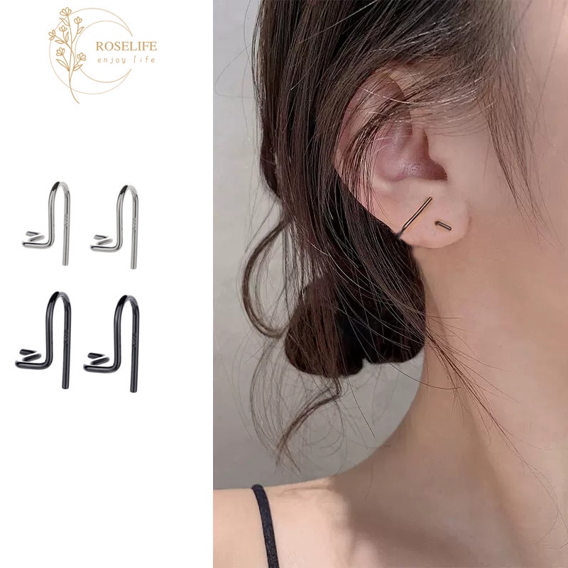 Roselife Keren Minimalis S925 Perak U Bentuk Memutar Stud Anting-Anting Untuk Wanita Perempuan Hypoallergenic Geometris Garis Anting-Anting Pick Gratis Telinga Perhiasan