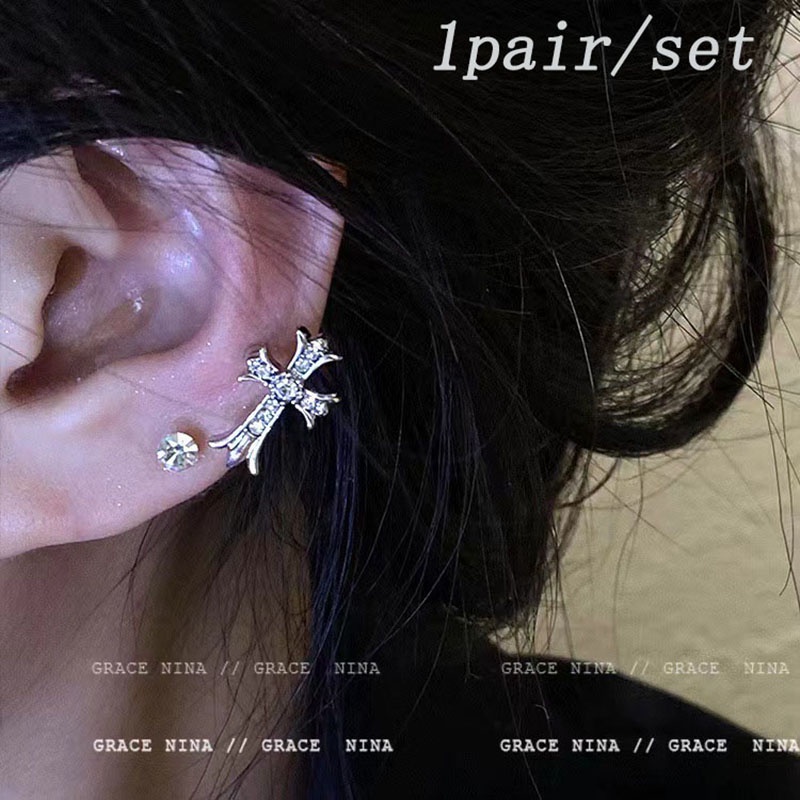 Anting Geometris Salib Berlian Imitasi Bahan Alloy Korea Untuk Wanita