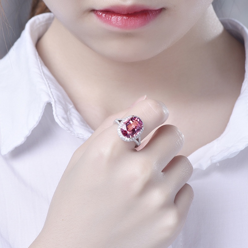 Goldkingdom Fashion Perhiasan Aksesoris Ready Stock Perhiasan 5karat Sintetis Pink Tourmaline Cincin Perempuan Berlapis 18K Emas Putih Bertatahkan Zirkon Hidup Cincin