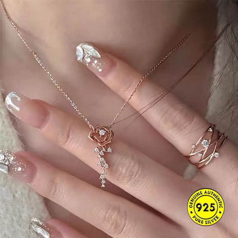 S925 Perak Rose Kalung Vintage Berlian Imitasi Bunga Kecil Klavikula Rantai Cahaya Mewah Dan Kesederhanaan Bunga Kalung U1596