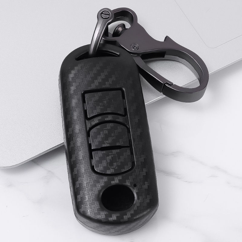 Carbon Lines Pattern Key Case Frosted Penutup Kunci Mobil Portable Full Coverage Kotak Kunci ABS Hitam Tahan Debu Tas Kunci Otomotif Car Key Fob Cover Shell Untuk Model Seri MAZDA