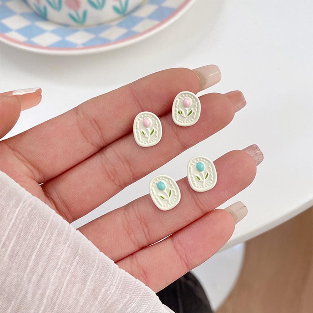 Timekey 6pcs/set Niche Sederhana Tulip Anting Pink Biru Alloy Ear Studs Earrings Halus Perhiasan Aksesoris Untuk Wanita S5U9