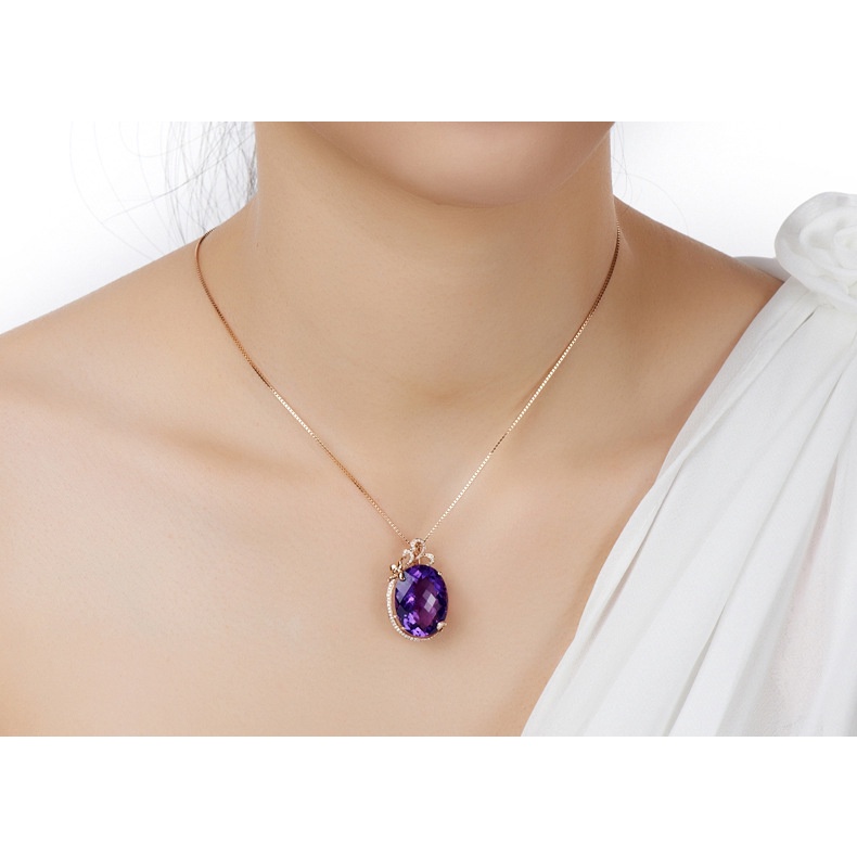 Goldkingdom Fashion Perhiasan Aksesoris Ready Stock Karat Amethyst Sintetis Set Liontin Dengan Batu Permata Berwarna Kalung Wanita Lapis Emas Asli Kadar 375 18K Amethyst Necklace