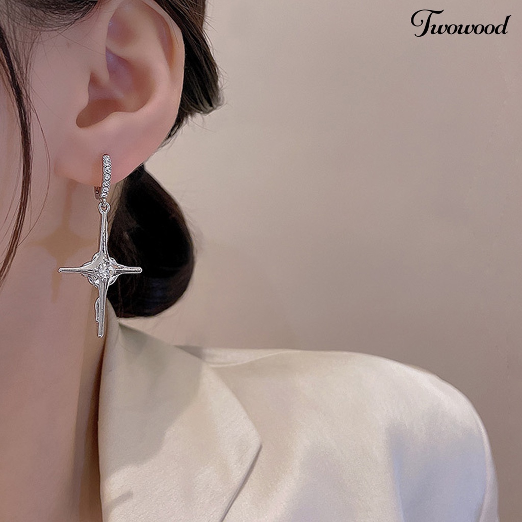 Twowood 1pasang Menjuntai Anting Temperamen Sederhana Terang Kilau Geometris Electroplating Hias Hadiah Wanita Liontin Salib Hoop Earrings Perhiasan Untuk Pacaran